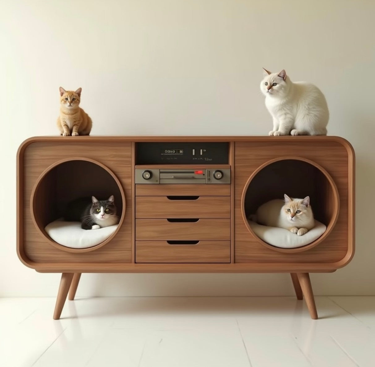 Mid-Century Modern Cat Condo Cabinet – Multi-Cat Hideaway & Storage Furniture