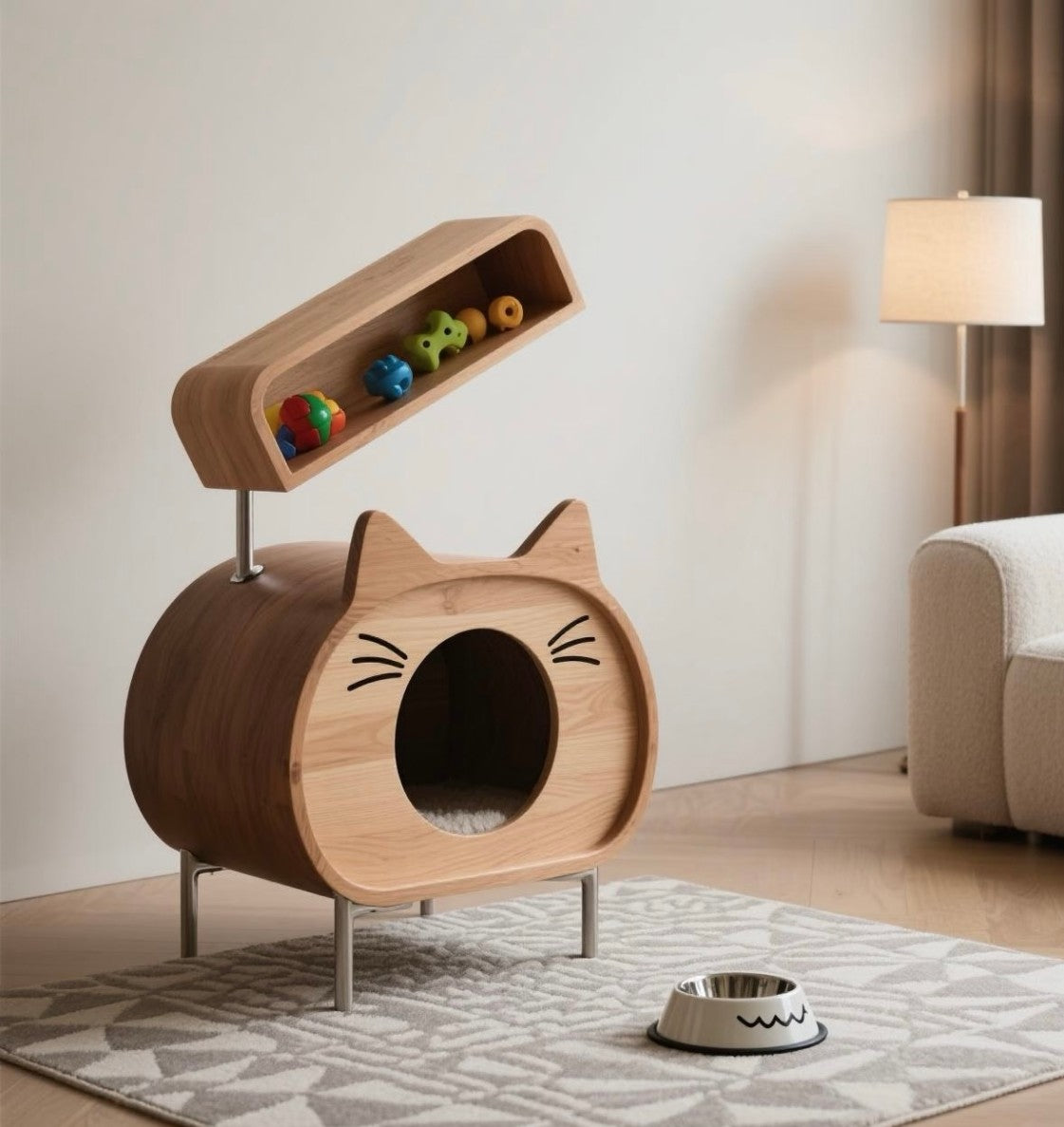 Cat Face Wooden Pet House – Cute Cat Condo with Toy Storage Shelf