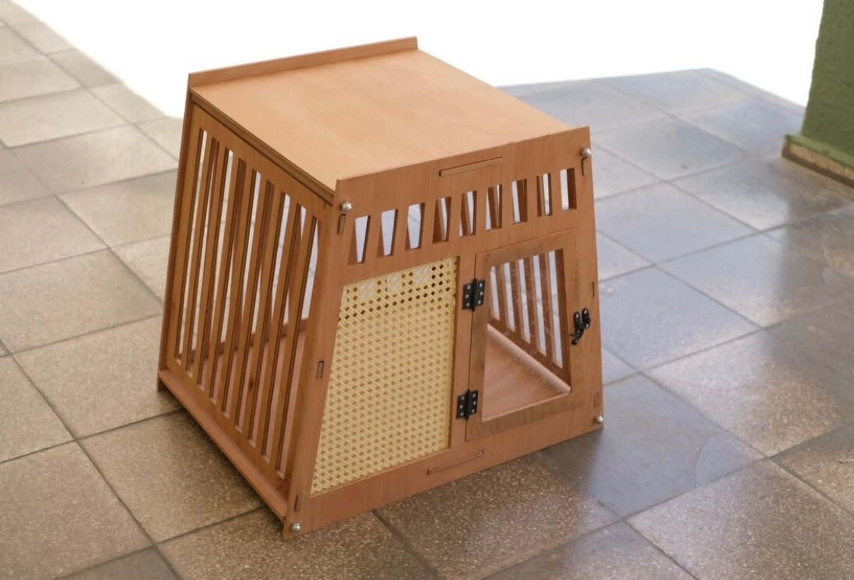 Wooden Pet House with Rattan Door – Modern Indoor Dog & Cat Crate