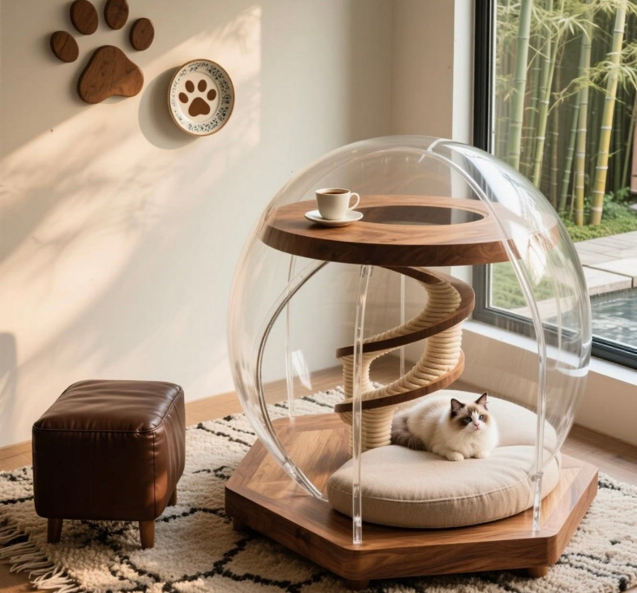 Transparent Dome Cat Tree Table – Modern Cat Condo with Spiral Climber