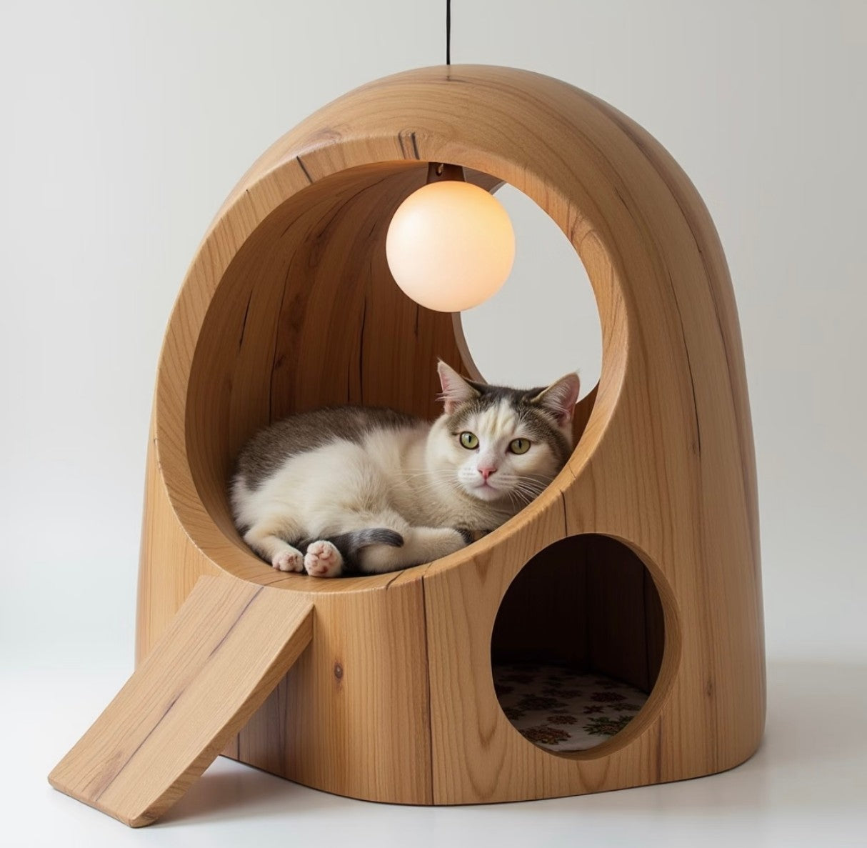 Wooden Cat House with Ramp – Cozy Hideaway with Interior Light