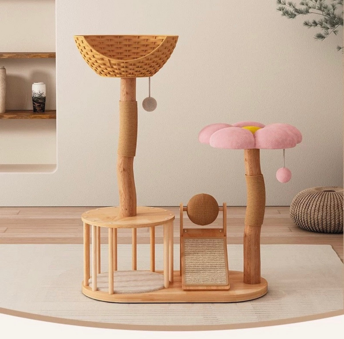 Natural Wood Cat Tree – Rattan Basket Cat Tower with Flower Perch