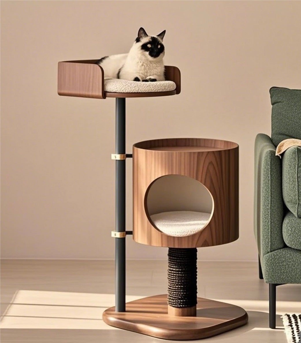 Modern Two-Tier Cat Condo – Wood Cat Tower with Scratching Post