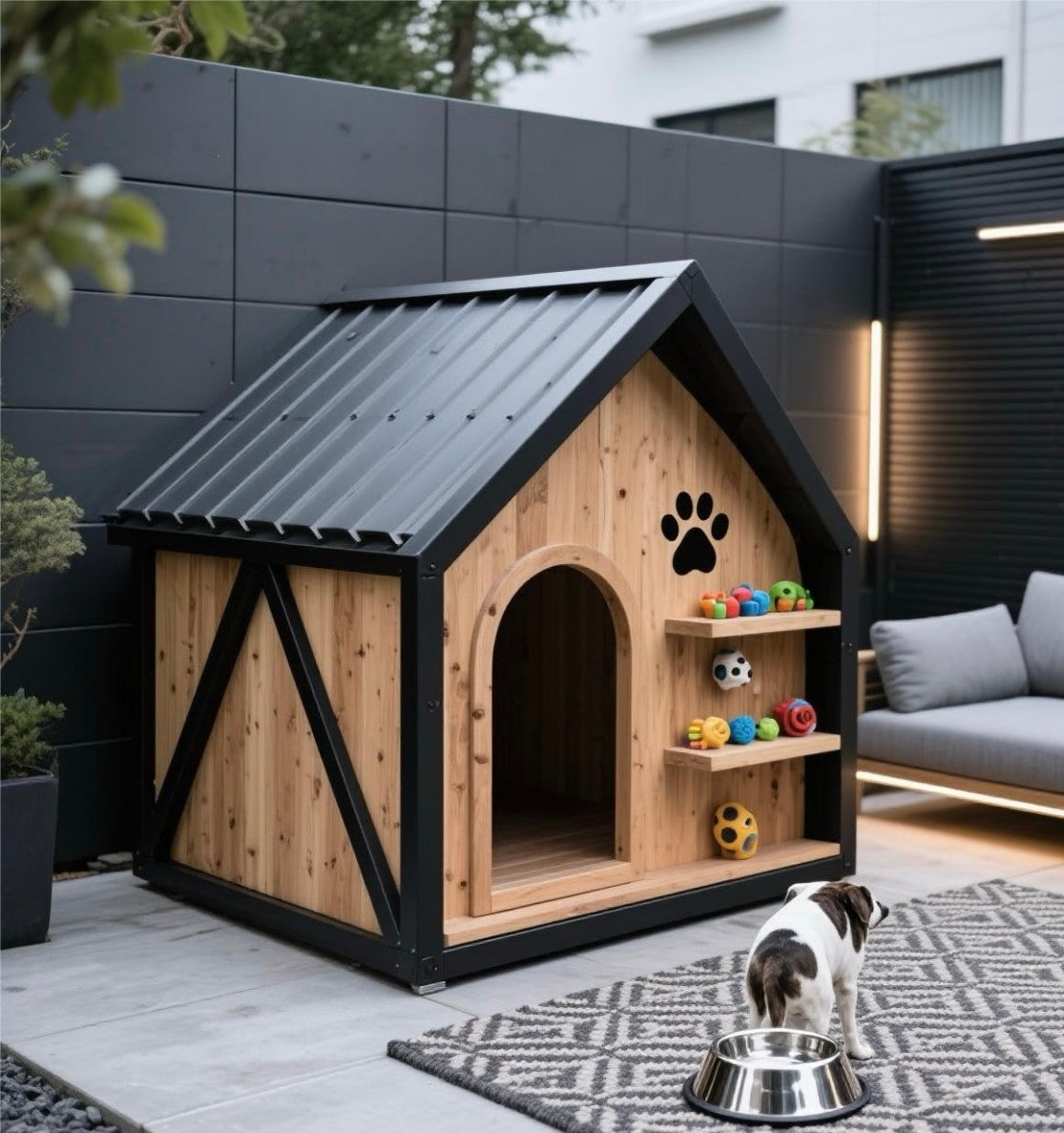 Outdoor Wooden Dog House – Weatherproof Shelter with Toy Storage Shelf