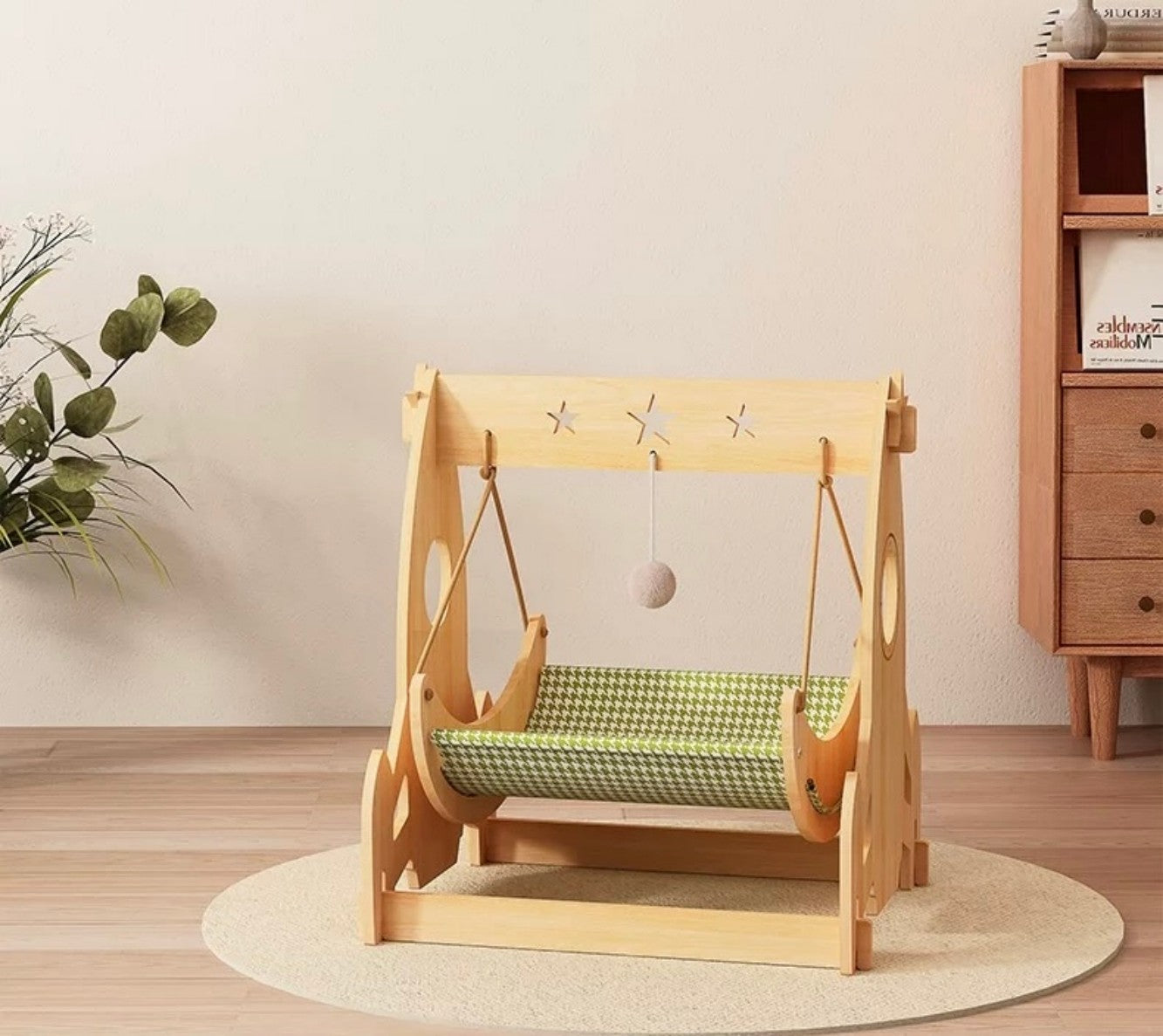 Wooden Cat Swing Bed – Indoor Cat Hammock with Hanging Toy