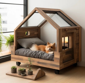 Wooden Dog Bed with Glass Roof – Modern Indoor Pet Lounge on Wheels