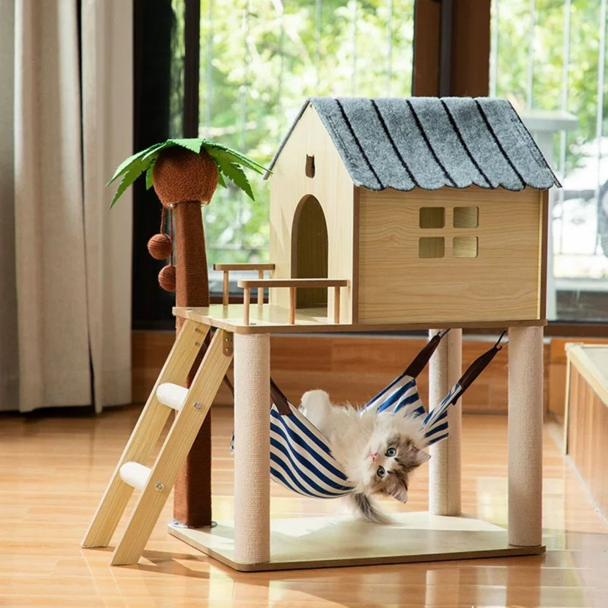 Cat Villa Treehouse – Multi-Level Cat Condo with Hammock